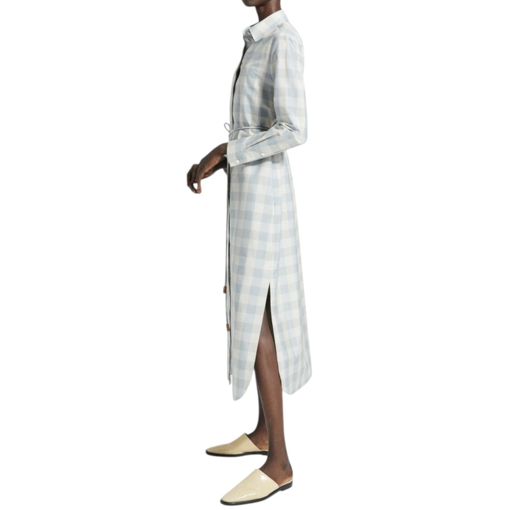 Theory Women’s Size S P Blue White Fuji Check Belted Midi Slit Side Shirtdress - Picture 2 of 15